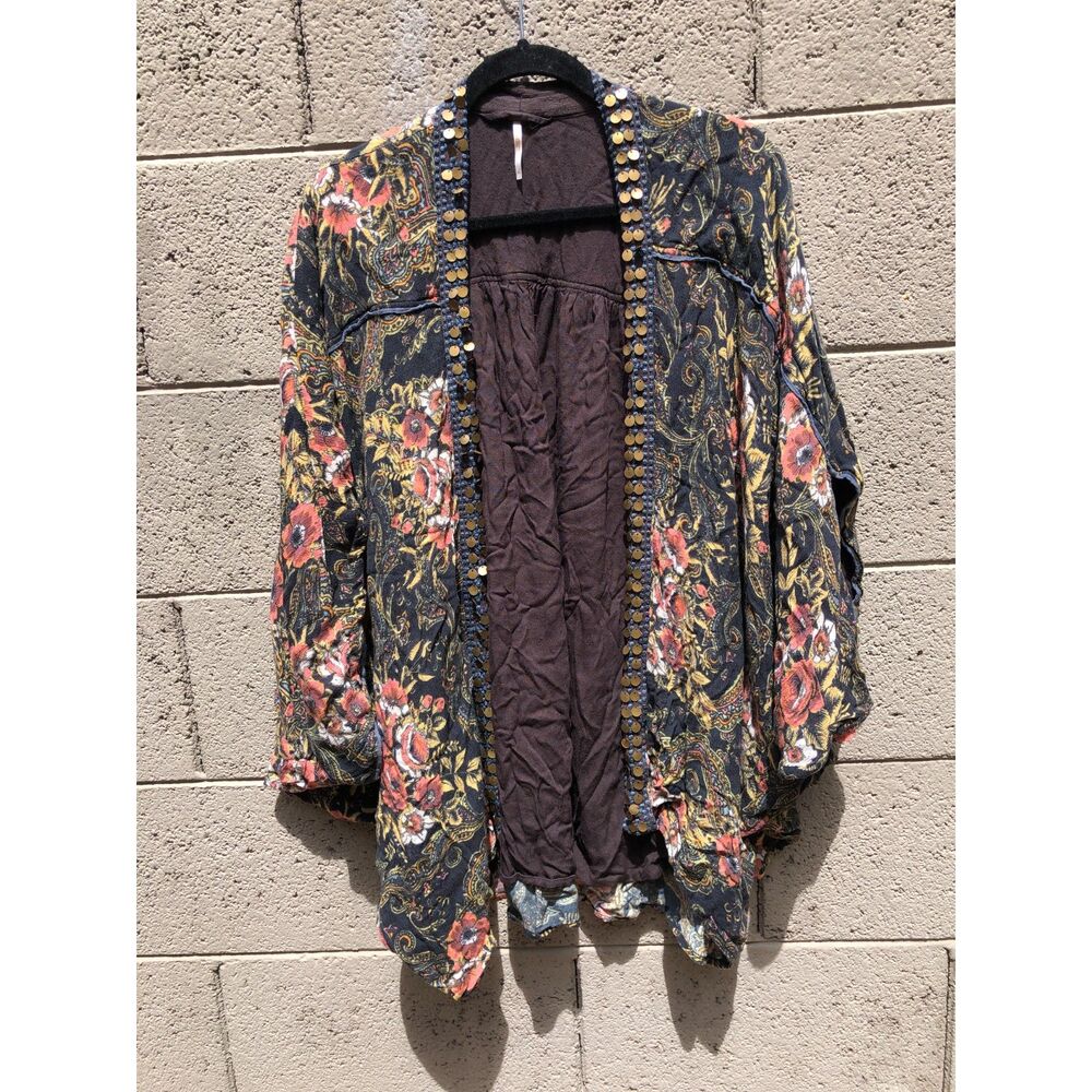 Free People Jaipur Kimono Cardigan Floral Paisley Coin Sequin Embellished OS